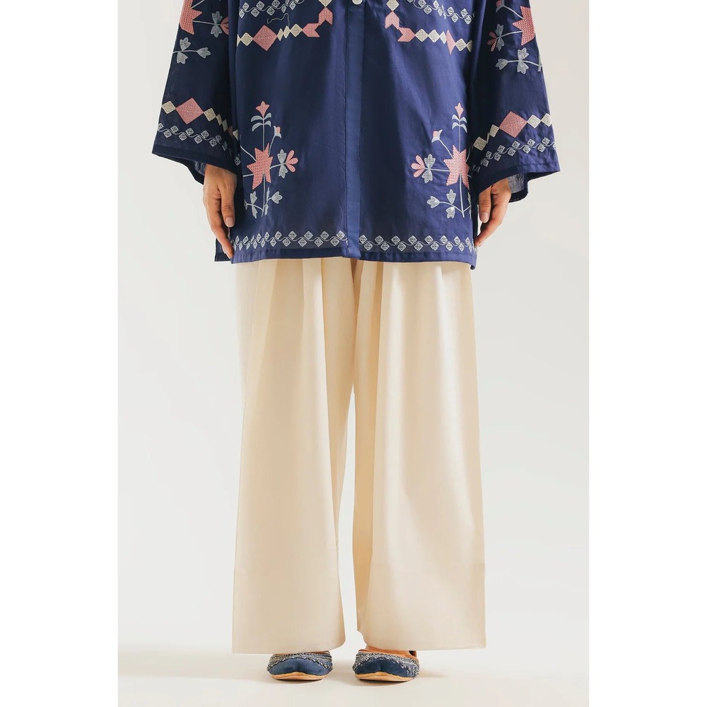 Ethnc Casual Womens Cream Wide Leg Pleated Trousers Elastic Waist Pants NWT